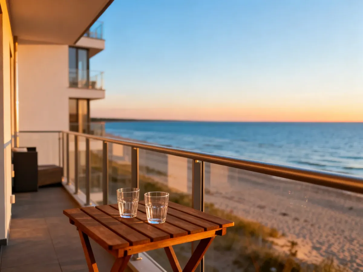 Nowoczesny balkon apartamentu z widokiem na zachód słońca nad Bałtykiem i piaszczystą plażę.