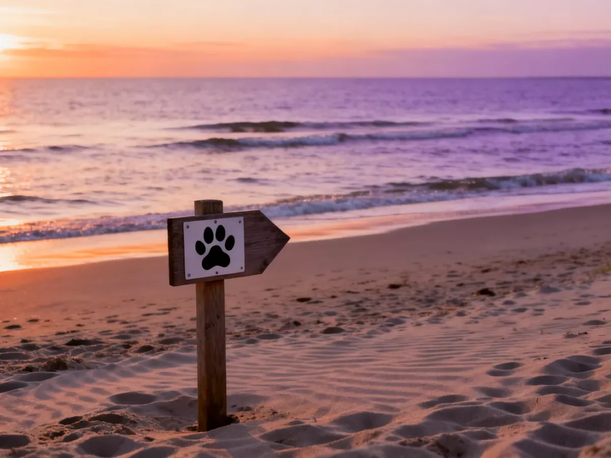 Piaszczysta plaża nad Bałtykiem o zachodzie słońca z drogowskazem wskazującym miejsce przyjazne psom.