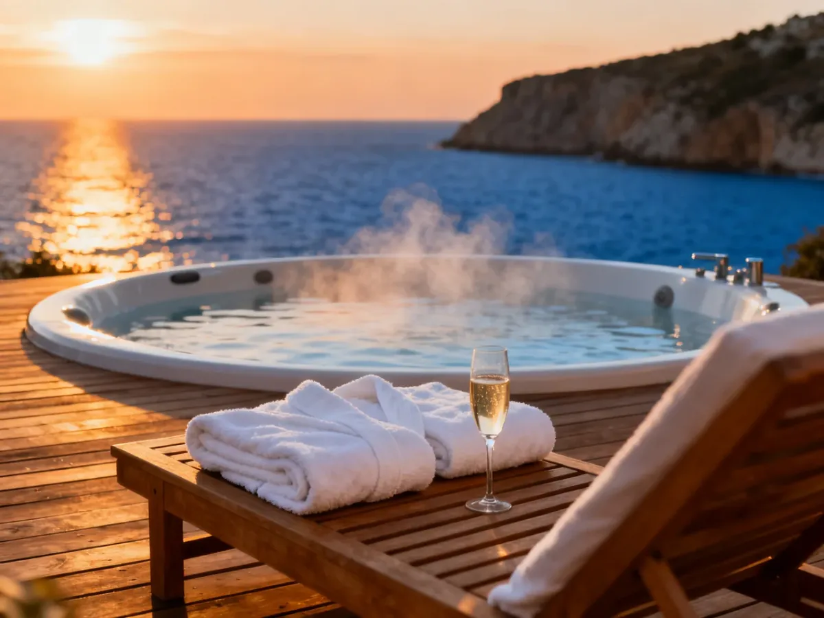 Luksusowe jacuzzi na tarasie z widokiem na morze o zachodzie słońca, przygotowane na romantyczny relaks we dwoje.