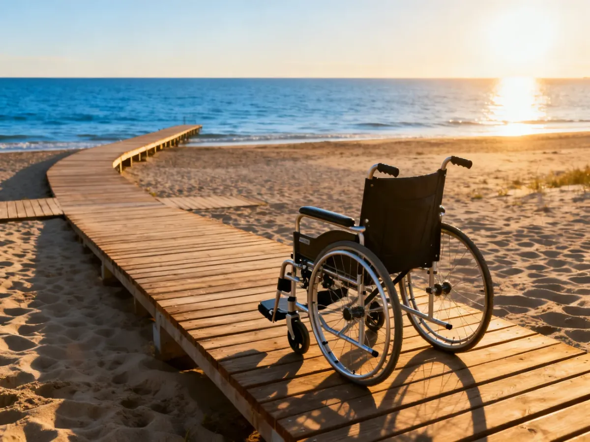 Drewniana kładka prowadząca na piaszczystą plażę oraz wózek inwalidzki przystosowany do poruszania się po piasku.