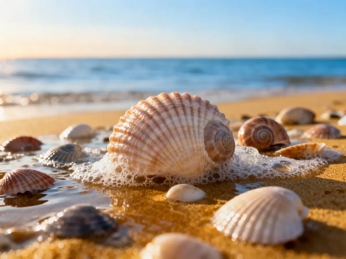 Różnorodne muszle leżące na mokrym, złotym piasku bałtyckiej plaży w promieniach porannego słońca.