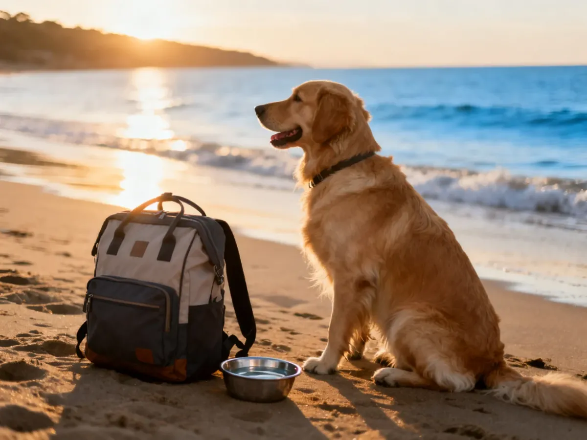 Złoty retriever siedzi na piaszczystej plaży o wschodzie słońca obok plecaka i miski z wodą, gotowy na wakacje nad morzem.