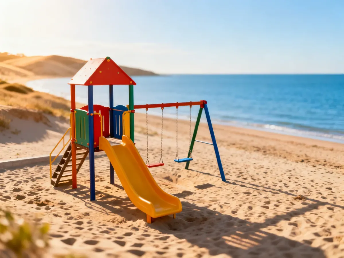 Kolorowy plac zabaw na piaszczystej plaży nad spokojnym morzem w promieniach porannego słońca.