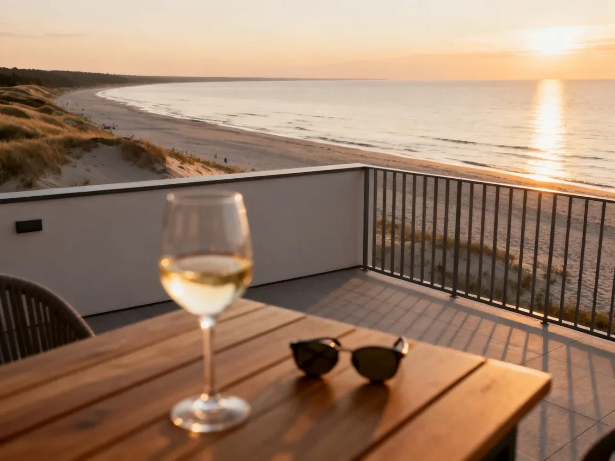 Nowoczesny balkon z widokiem na spokojne morze i piaszczystą plażę podczas zachodu słońca w zachodniopomorskim.
