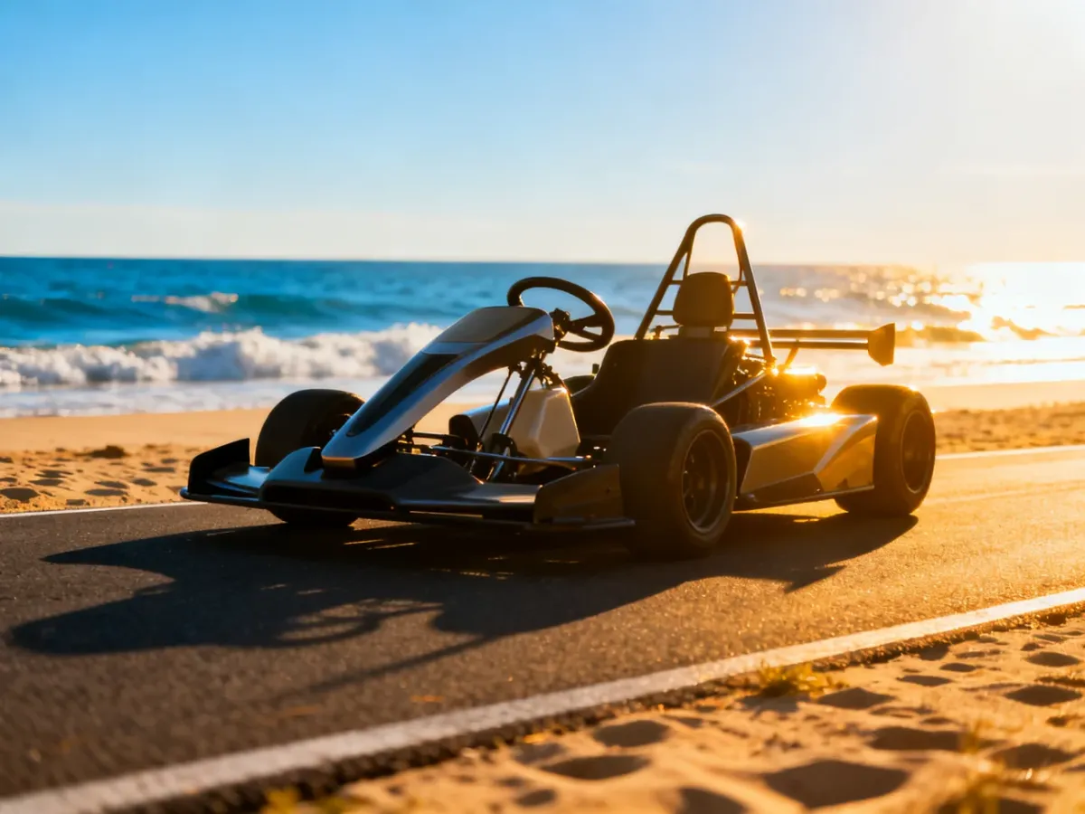 Nowoczesny gokart na torze wyścigowym położonym tuż przy piaszczystej plaży w słoneczny, letni dzień.