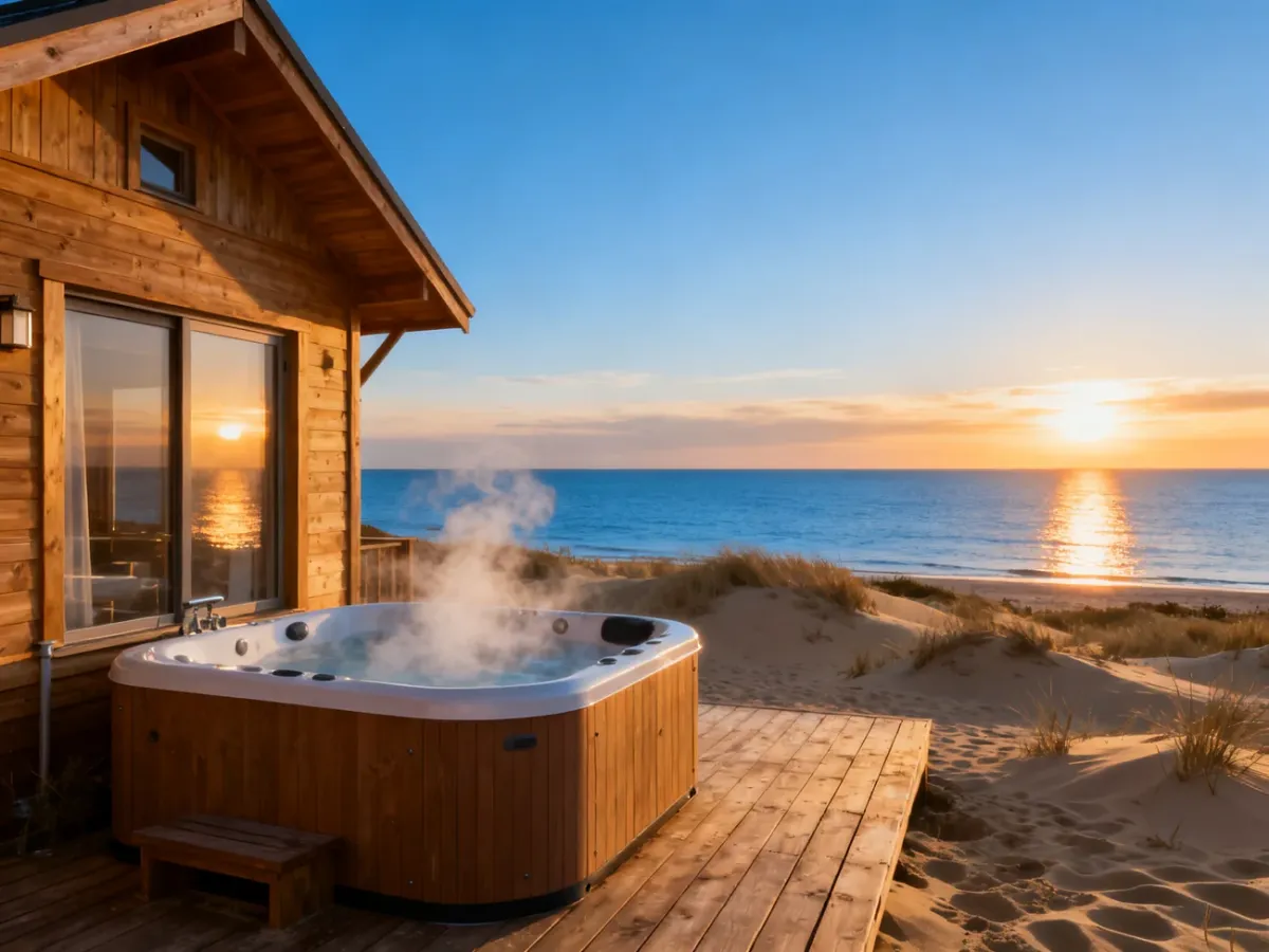 Drewniany domek z jacuzzi na tarasie, usytuowany na piaszczystych wydmach z widokiem na morze podczas zachodu słońca.
