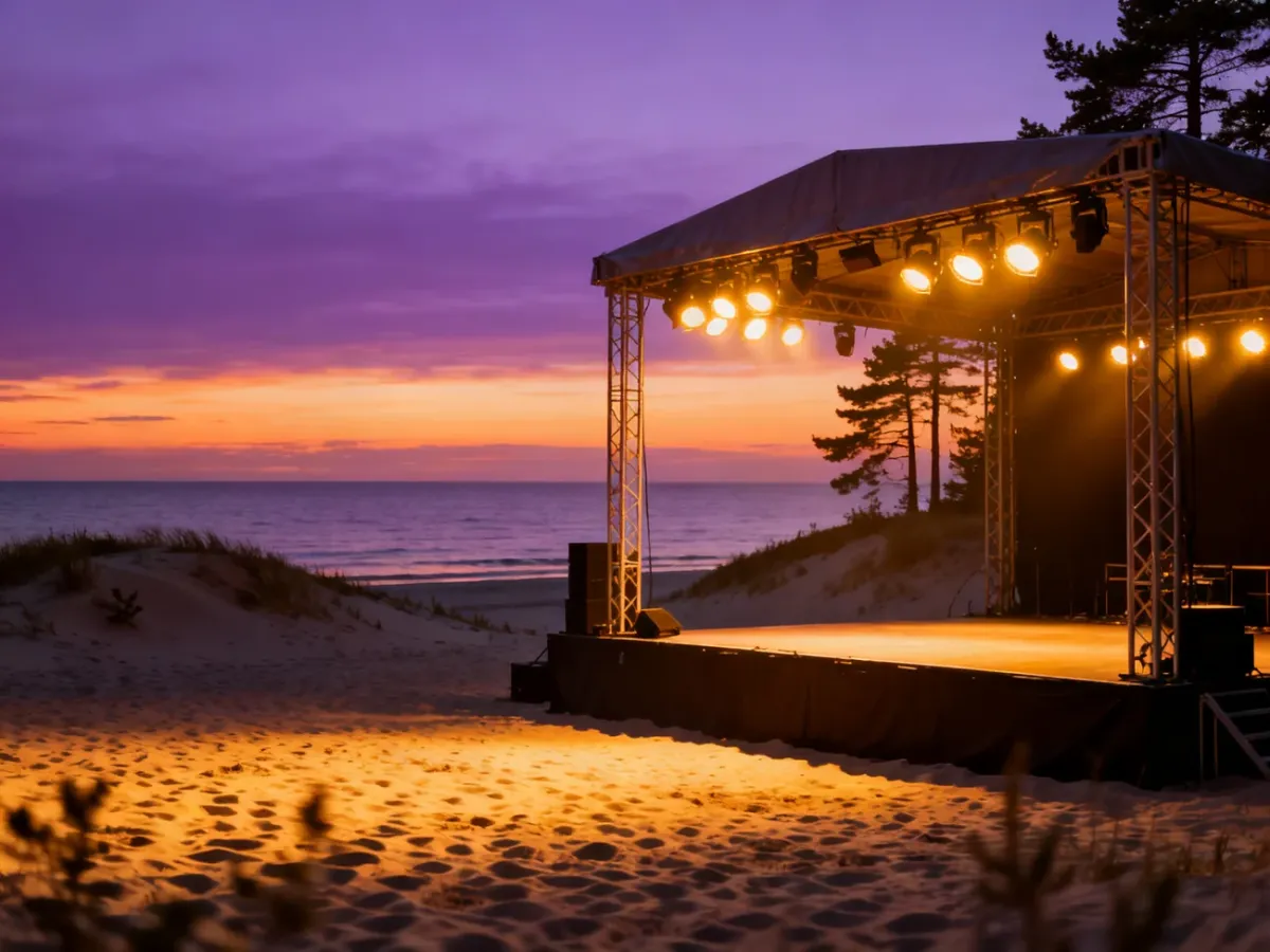 Profesjonalna scena koncertowa na piaszczystej plaży nad Bałtykiem podczas malowniczego zachodu słońca.