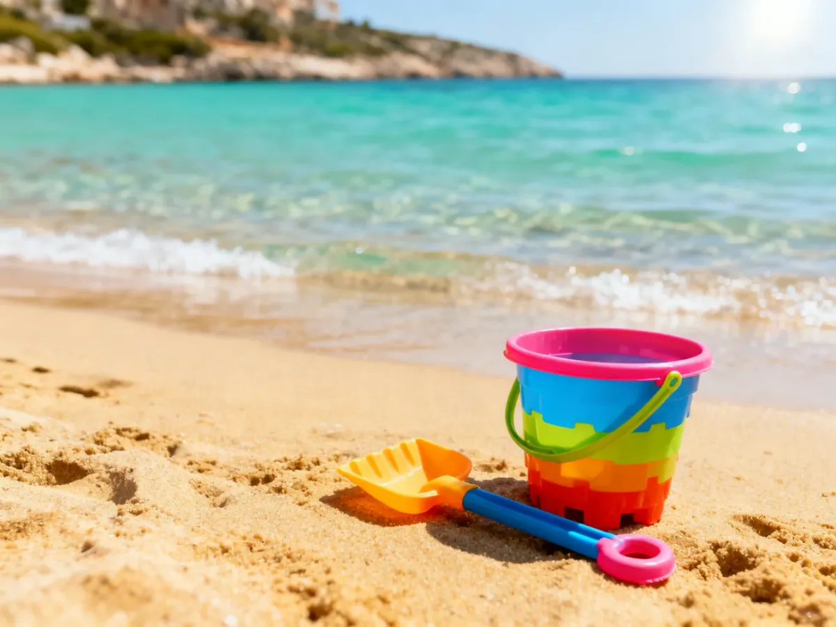 Piaszczysta plaża z łagodnym zejściem do turkusowej wody oraz zestawem zabawek, idealna na rodzinny wypoczynek.