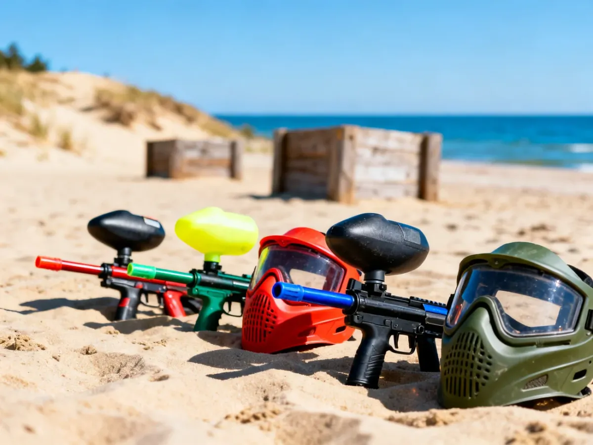 Kolorowe markery i maski do paintballa na piaszczystej plaży nad Bałtykiem, w tle widoczne wydmy i morze.